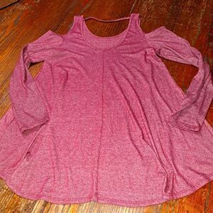Small Acemi Red Heather Cold Shoulder Long Sleeve Pullover Shirt Top Round Neck